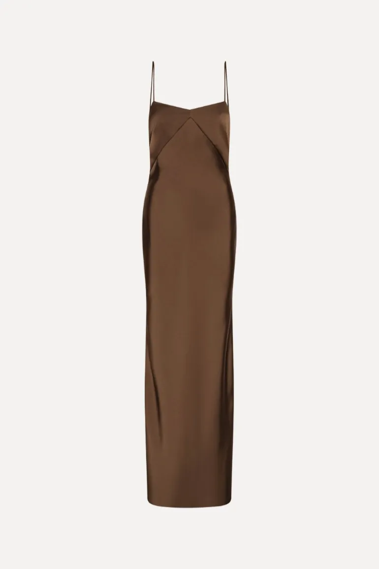 Satin Maxi Slip Dress Dark Brown
