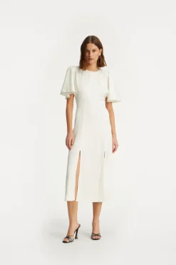 Satin Midi Slit Dress Creme White
