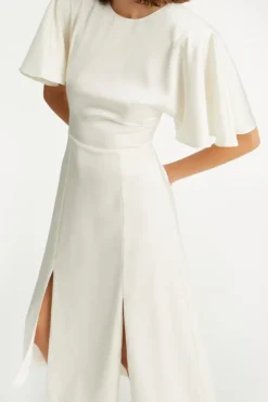 Satin Midi Slit Dress Creme White