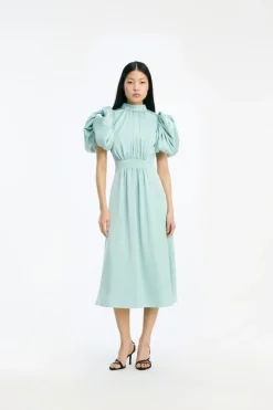 Satin Puff Midi Dress Dusty Blue