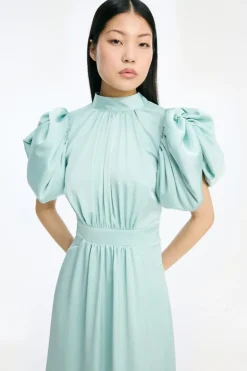Satin Puff Midi Dress Dusty Blue