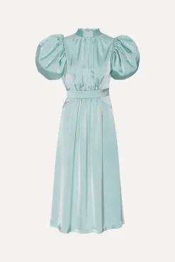 Satin Puff Midi Dress Dusty Blue