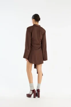 Satin Tie Shirt Dress Dark Brown