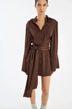 Satin Tie Shirt Dress Dark Brown