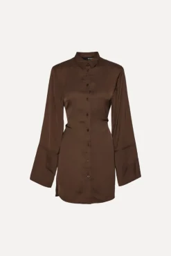 Satin Tie Shirt Dress Dark Brown