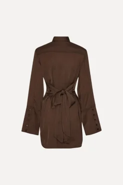 Satin Tie Shirt Dress Dark Brown