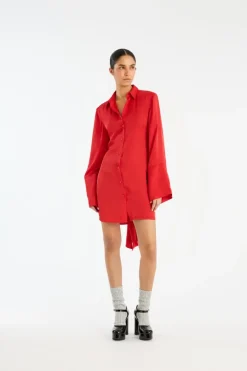 Satin Tie Shirt Dress Red