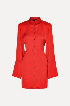 Satin Tie Shirt Dress Red