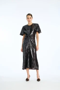 Sequin Dress W. Slit Dark Brown