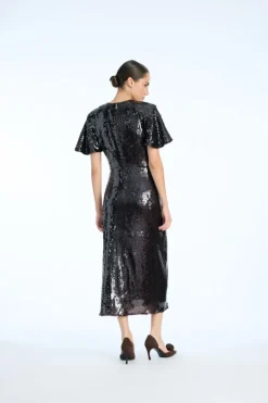 Sequin Dress W. Slit Dark Brown