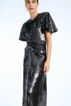 Sequin Dress W. Slit Dark Brown