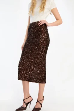 Sequin Pencil Skirt Dark Brown