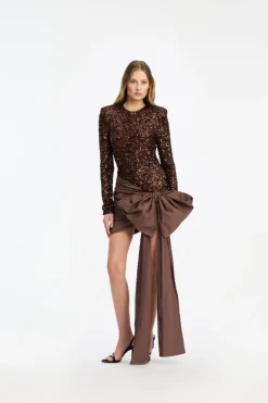 Sequins Bow Mini Dress Dark Brown