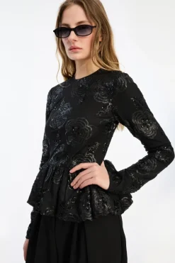 Sequins Ls Bubble Top Black