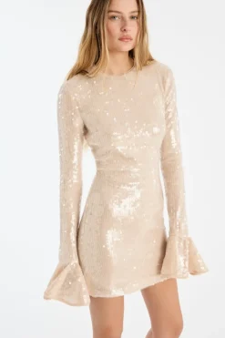 Sequins Ls Mini Dress Creme