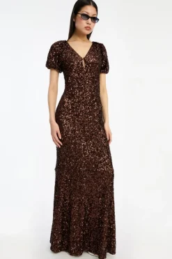 Sequins Midi V-neck Dress Dark Brown