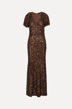 Sequins Midi V-neck Dress Dark Brown