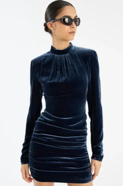 Silk Velvet Ls Mini Dress Dark Blue