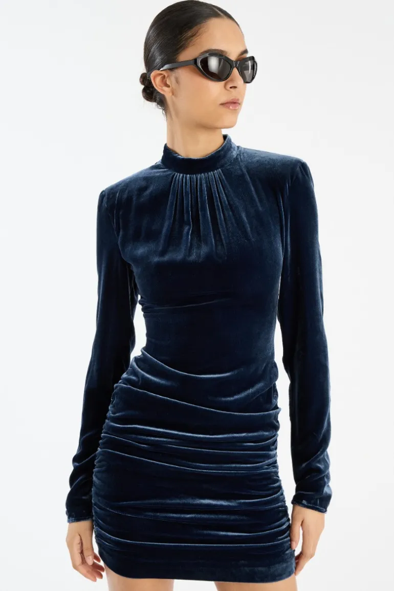 Silk Velvet Ls Mini Dress Dark Blue