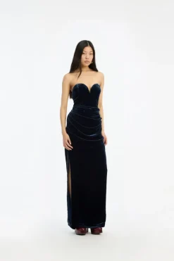 Silk Velvet Slit Dress Dark Blue