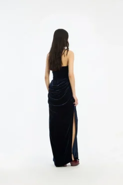 Silk Velvet Slit Dress Dark Blue