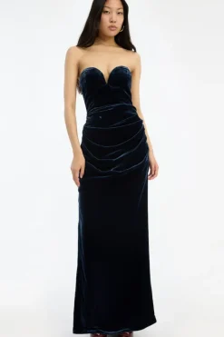 Silk Velvet Slit Dress Dark Blue
