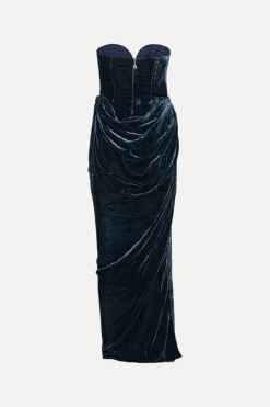 Silk Velvet Slit Dress Dark Blue