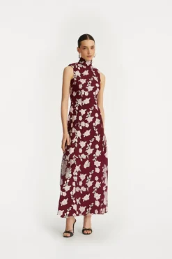 Sleeveless Maxi Dress Bordeaux Flower Print