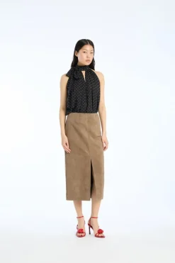 Suede Midi Pencil Skirt Brown
