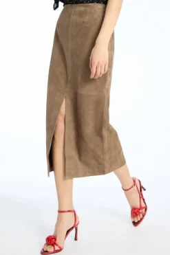Suede Midi Pencil Skirt Brown