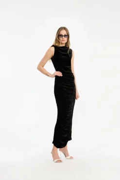 Velvet Ruched Midi Dress Black