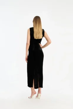 Velvet Ruched Midi Dress Black