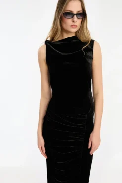 Velvet Ruched Midi Dress Black