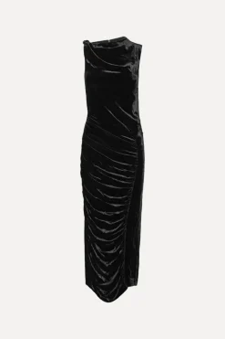 Velvet Ruched Midi Dress Black